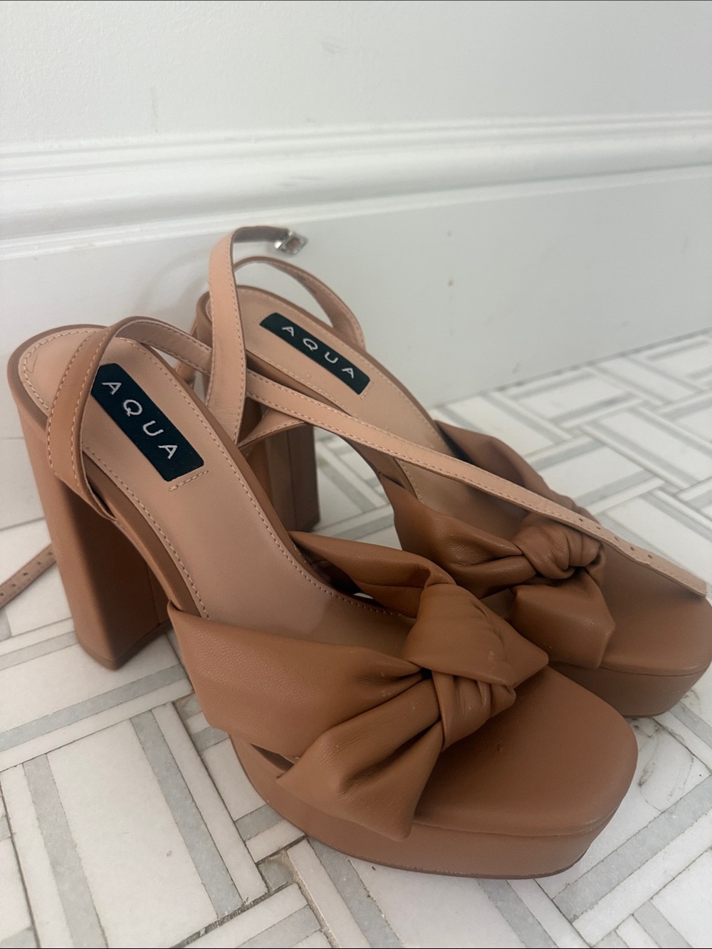 Aqua Tan Knotted Platform Slingback Heels